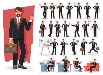 Businessman character creation set. Showing different gestures character vector design. Self confident businessman in different poses. Build your own design. Flat style infographic illustration.