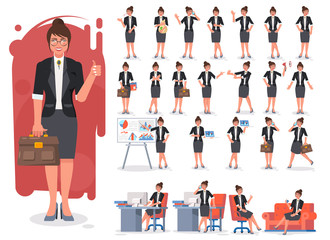 Businesswoman character creation set. Showing different gestures character vector design. Self confident businesswoman in different poses. Build your own design. Flat style infographic illustration.