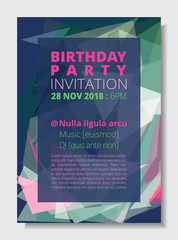 Birthday party invitation card template A4 size, colorful abstract low polygon blue background. CMYK brochure book cover pink and green text.