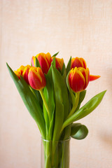 Букет красно жёлтыхх тюльпанов на нежном фоне 