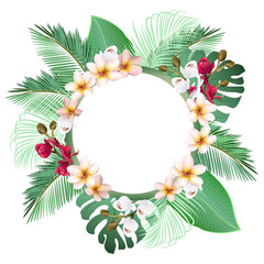 Tropical frame background with palm leaves, plumeria and orchid flowers, vector design template.