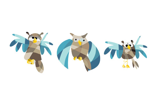 Cute owl pictures. Vector illustration set of owls in origami style
