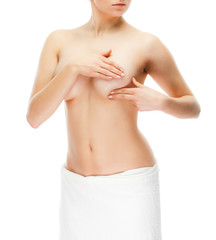 Woman examining breast isolated on white background