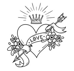 Tattoo heart pierced by arrow with crown, ribbon