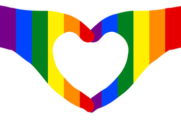 Hands in heart shape on white (transparent) background, painted rainbow color, symbol of LGBT / GLBT / LGBTQ pride flag, or lesbian, gay, bisexual, transgender, queer/questioning. Vector illustration.