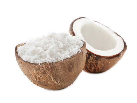 Coconut with fresh flakes on white background