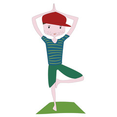 Vector illustration of a cartoon boy practicing yoga asana