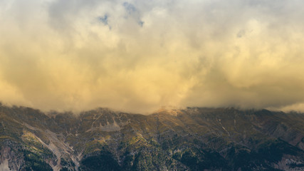 Panoramic view of mountain in National Park of Tzoumerka, Greece Epirus region. Mountain in the clouds