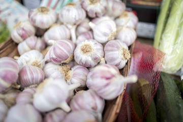 Fresh and organic garlic cloves close up on a farmers market stall in the UK