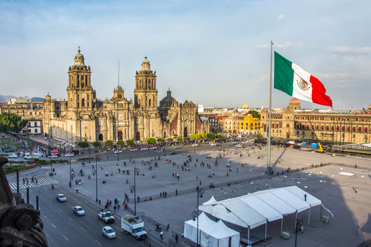MEXICO CITY - FEB 5, 2017: Constitution Square (Zocalo) view from the dome of the Metropolitan Cathedral
