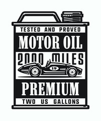 Monochrome vintage motor oil can with old sport car.