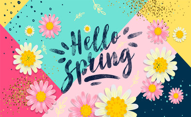 Fototapeta na wymiar Hello spring banner. Trendy texture. Season vocation, weekend, holiday logo. Spring Time Wallpaper. Happy spring Day. Spring vector Lettering text. Fashionable styling. Flower vector.