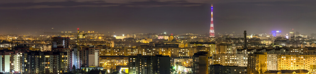 Fototapeta na wymiar Panorama of night aerial view of Ivano-Frankivsk city, Ukraine.