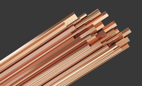 Copper metal different types, rods of copper. Rolled metal products. Isolated on gray background. 3d illustration.
