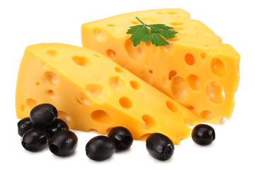 piece of cheese with olives isolated on white background
