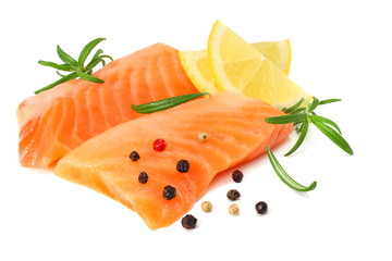 Red fish. Raw salmon fillet with rosemary isolate on white background