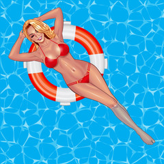 Beautiful sexy young women in red bikini swimming on inflattable ring. Beach summer lady with with perfect fitness body. Use for logos, print products, web decor or other design. Vector.
