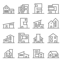 Various Real Estate Property Modern Style Buildings vector line icon set