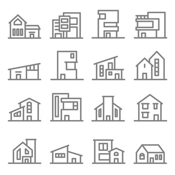 Various Real Estate Property Modern Style Buildings vector line icon set