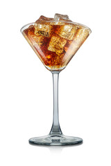 Cuba libre cocktail or mocktail in martini glass with ice cubes isolated on white background. Clipping path