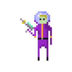 Pixel character space space traveler with blaster for games and websites