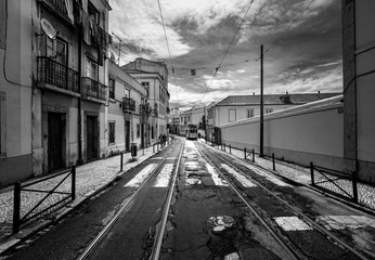 The streets of Lisbon. Lisbon tram. Portugal. black and white