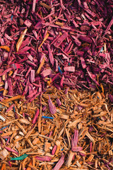 Textured background decorative colored sawdust for finishing flowerbeds in the winter season. Yellow red sawdust