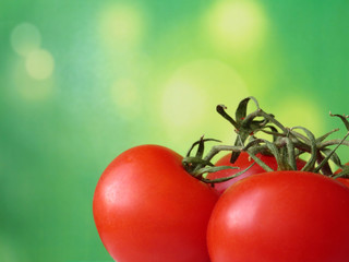 Cherry tomatoes on green natural background with free space