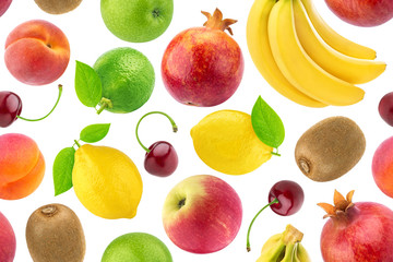 Fruits seamless pattern. Background of fresh falling fruits and berries isolated on white