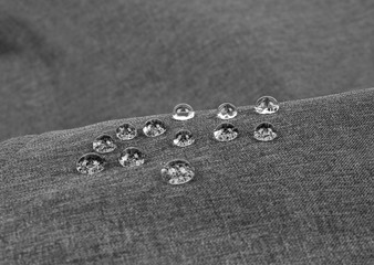 Gray waterproof fabric with waterdrops close-up