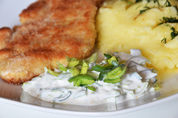 pore with sour cream and mayonnaise, pork cutlet and potatoes with dill