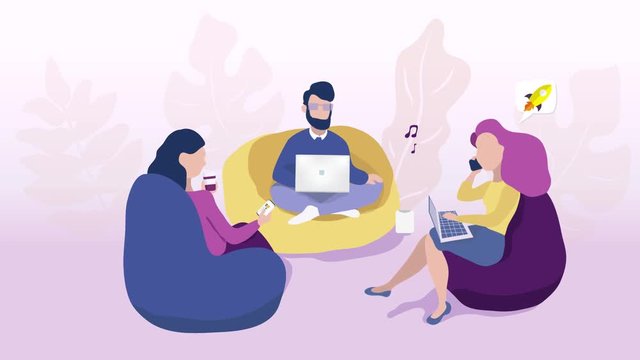 Business co working process video. Three people make conversation and work together animation. Open space office. Man, girl, students, bag chair, colored vector illustration. stock footage