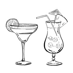 Outline hand drawn margarita and blue curacao coctails for posters and cards on white background
