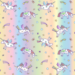 Naklejka na ściany i meble Vector illustration of seamless pattern from cute unicorns on pastel rainbow background. Cartoon unicorn texture