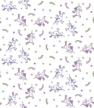 Vector seamless pattern of pastel unicorns on white background. Cartoon unicorn texture