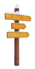 Wooden directional arrows on a post, covered by snow, isolated on white background