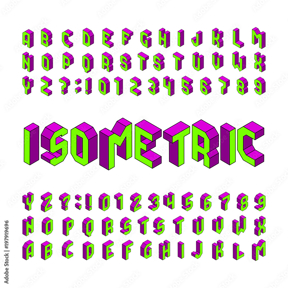 Poster isometric alphabet font. 3d effect letters and numbers. isolated on white background. stock vector t