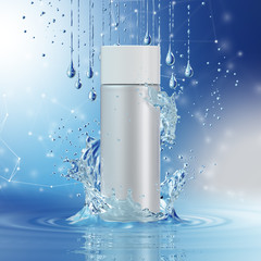 Obraz na płótnie Canvas Cream bottle mock up in water splash on blue background.