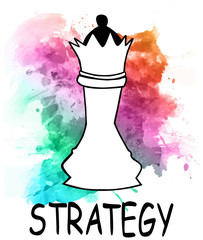 Business icon chess piece King with word strategy on watercolor background