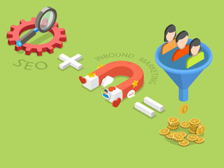 SEO plus inbound marketing flat isometric vector concept of an effective sales strategy.