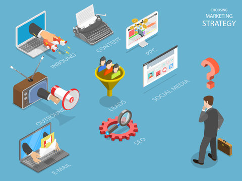 Choosing marking strategy flat isometric vector. Business man is thinking what strategy is the best for his business: inbound, outbound, PPC, lead generation, e-mail, SEO or social media.