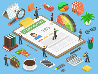 Credit report, flat isometric vector concept of personal credit score information and financial rating.
