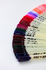 Closeup shot of nails color polish samples collection