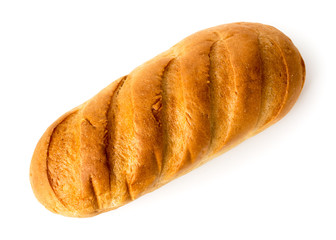 A loaf of fresh bread on a white background. The view from the top.