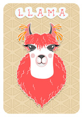 Lama, funny portrait with white skin and red wavy coat, with big black eyes and smile, with yellow ribbons on ears. On a yellow Sunny background with an ornament of triangles.