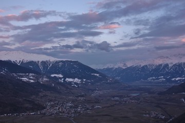 Sunset over Val Venosta, natural park Gruppo di Tessa alps. Alto Adige (South Tyrol), Italy