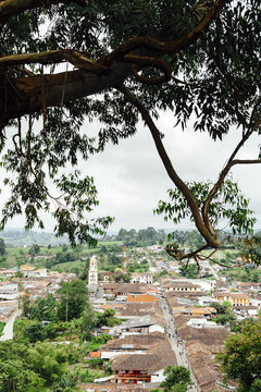 View of the small town of Salento from an oriel in Salento,Colombia