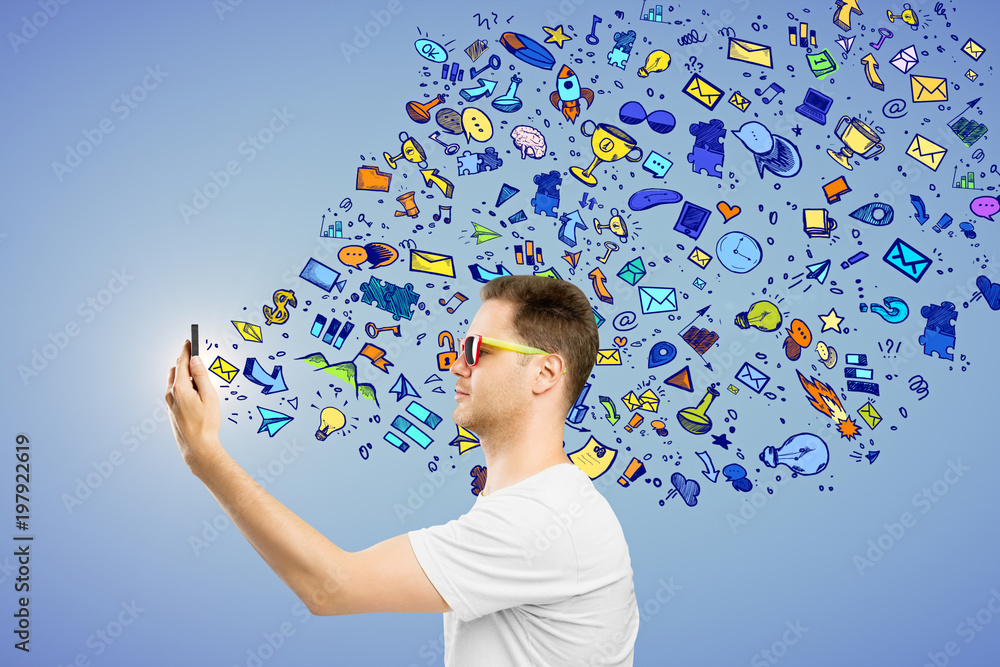 Poster Man using cellphone with sketch