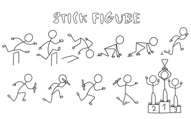 Set of stick figure athletics. Simple drawing running people pictures.Sport vector illustration