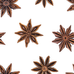 Star anise spice isolated on white background, seamless pattern